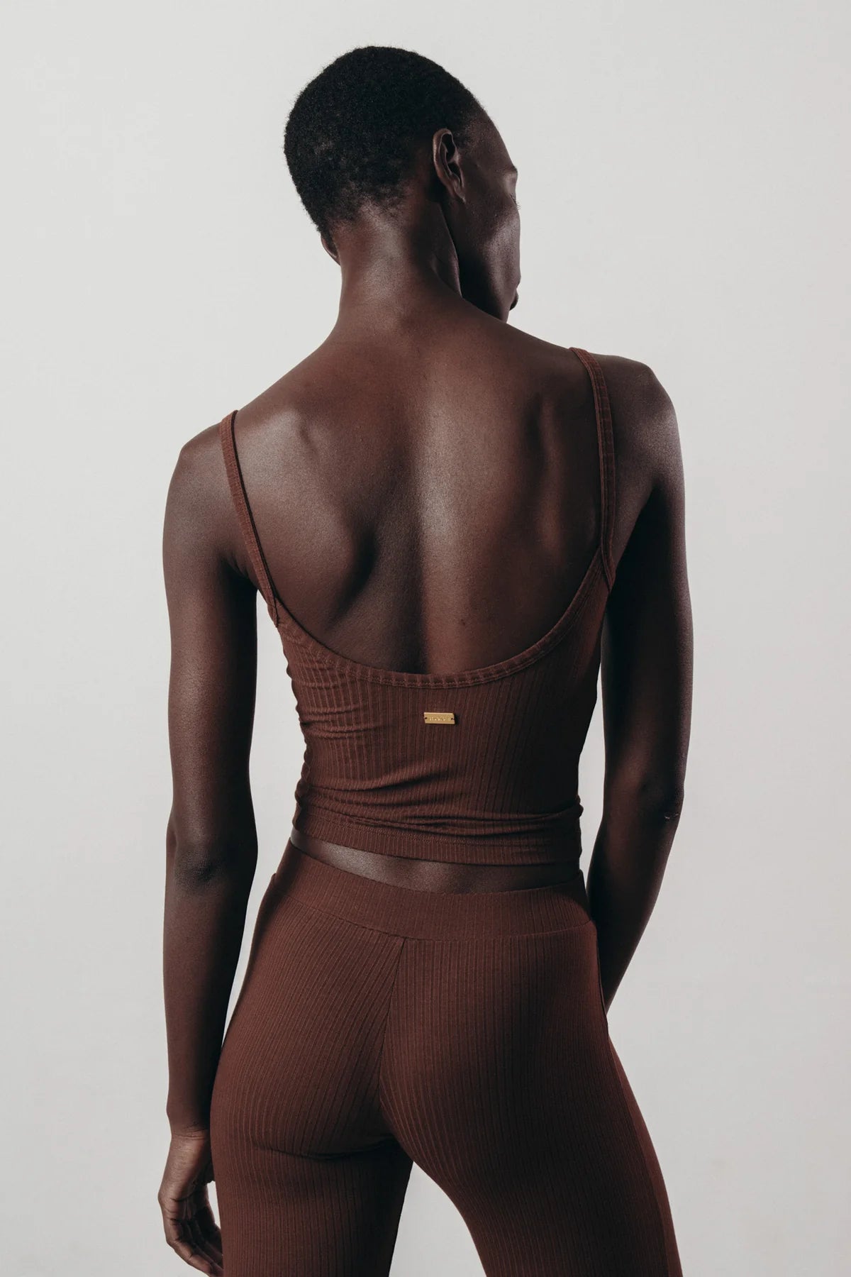 Eco-friendly brown ribbed tank top crafted from Ecovero™ viscose.