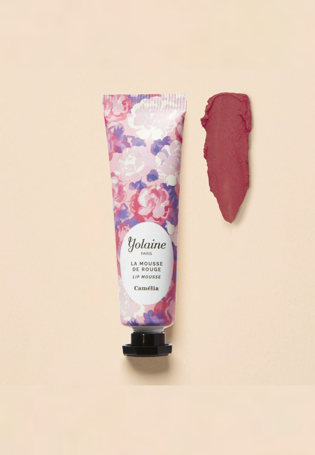 Yolaine Paris Camélia Mousse lipstick with a soft matte finish that doubles as a blush for a radiant glow.