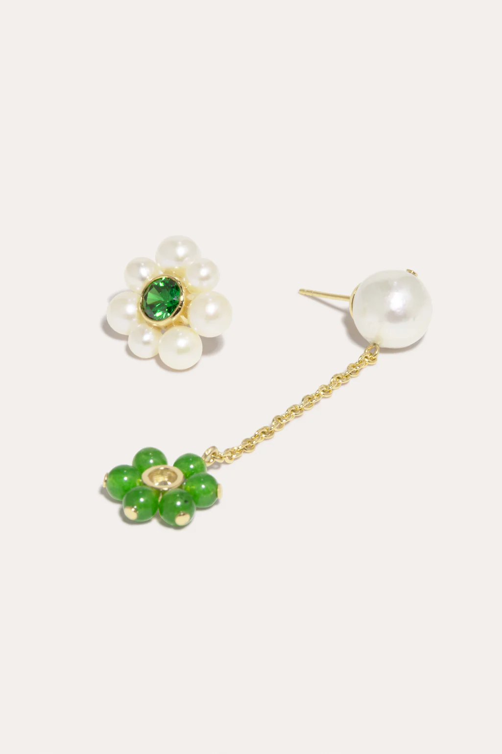 Sophisticated pearl, zirconia, and jade bead earrings set in recycled gold, embodying modern luxury by Completedworks.