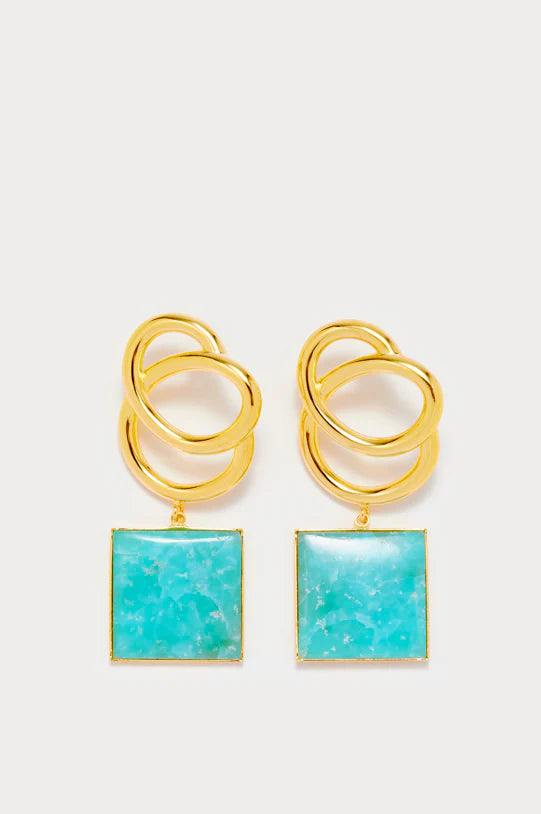 Gold plated earrings with interlocking rings and square turquoise stone pendant