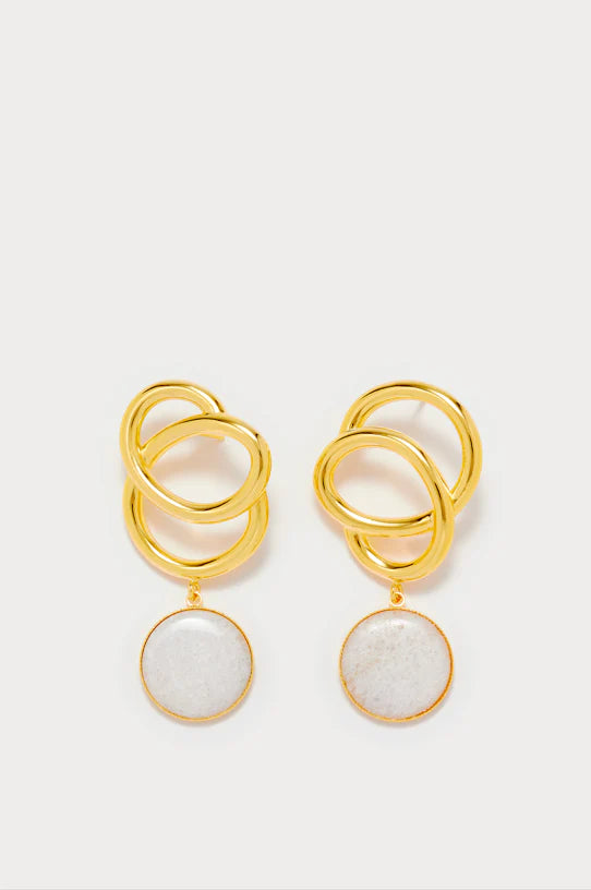 Gold plated earrings with interlocking rings and round white stone pendant