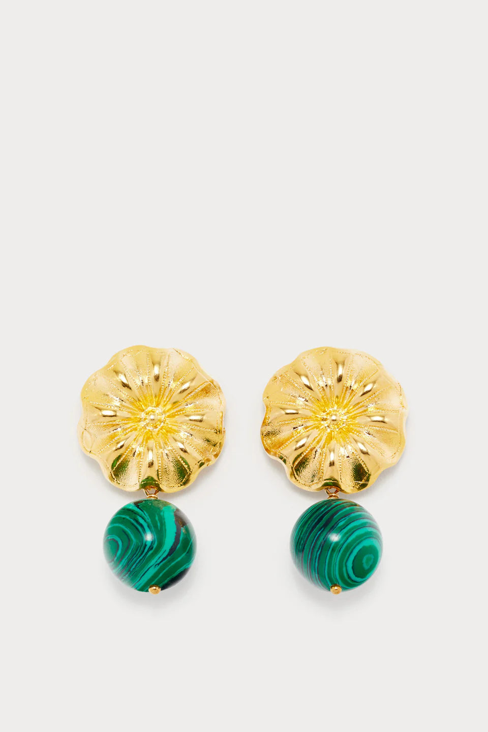 Gold plated flower-shaped earrings with round green malachite stone drop