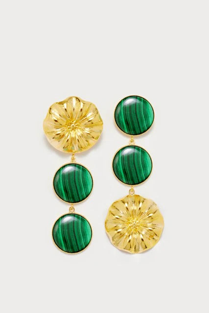 Long gold plated earrings with floral detail and multiple round green malachite stones