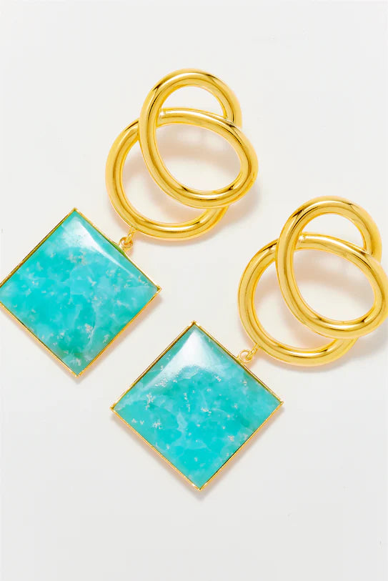 Contemporary gold earrings featuring triple hoop design and square turquoise stone