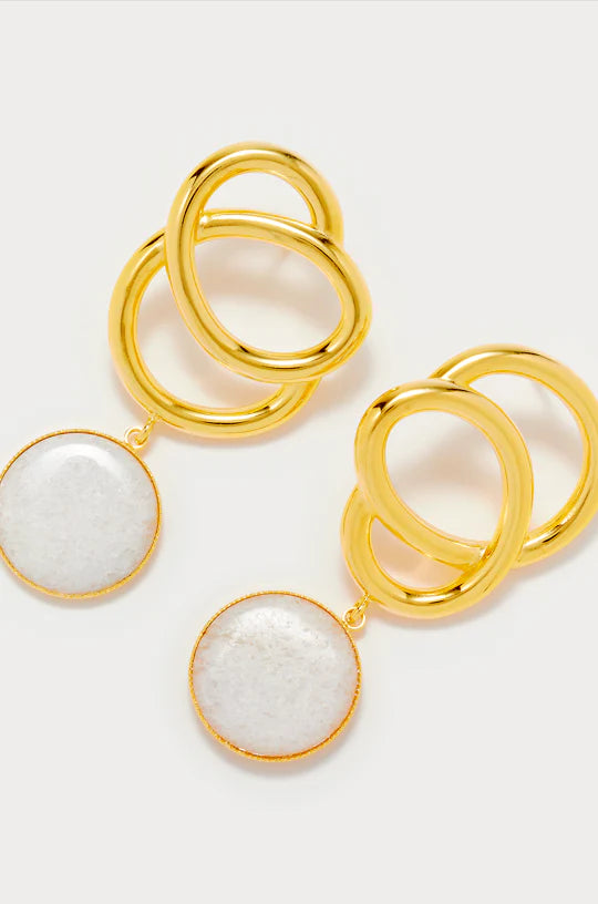 Sculptural gold earrings with triple hoop design and round white stone drop pendant