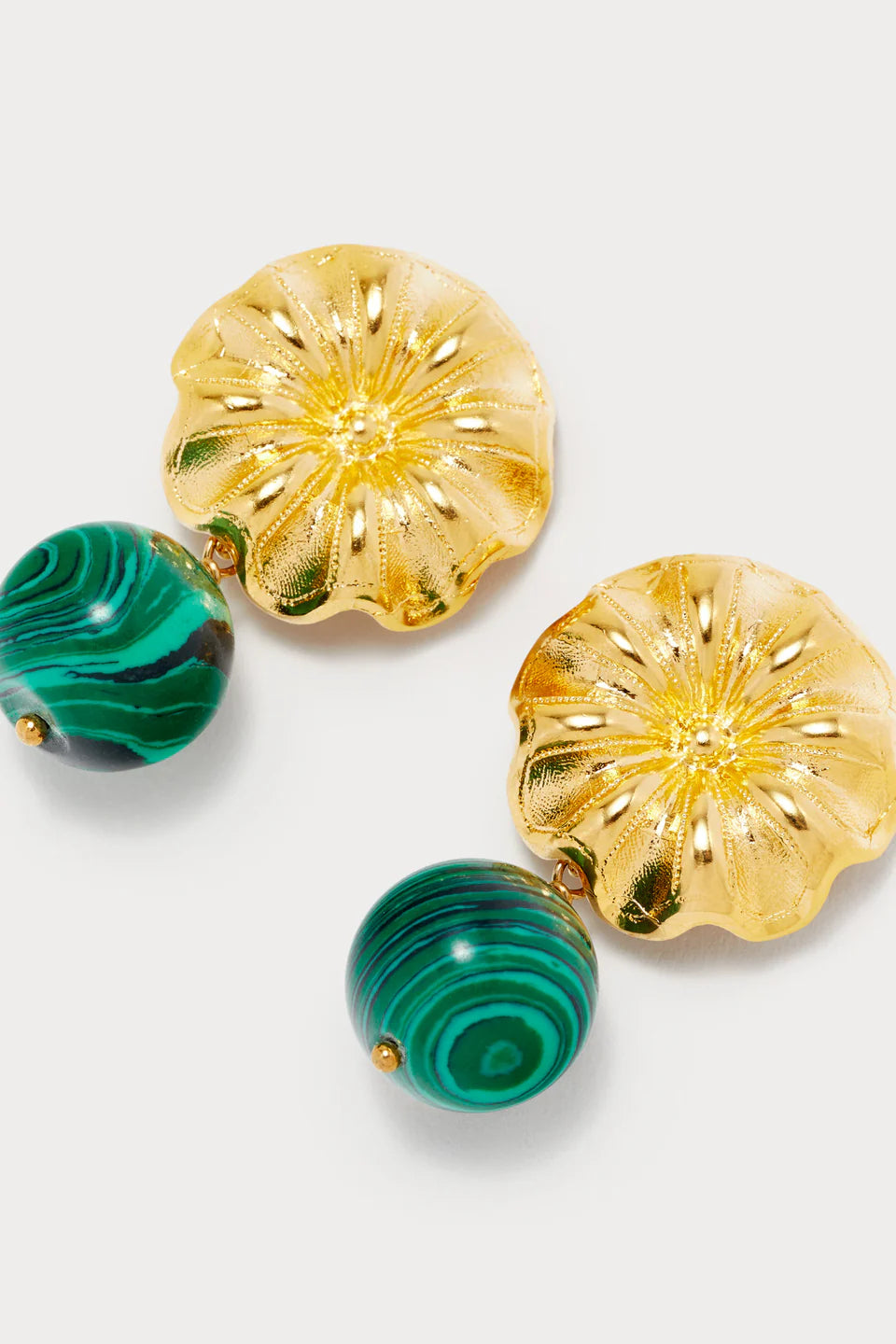 Textured gold floral earrings with polished green malachite bead pendant
